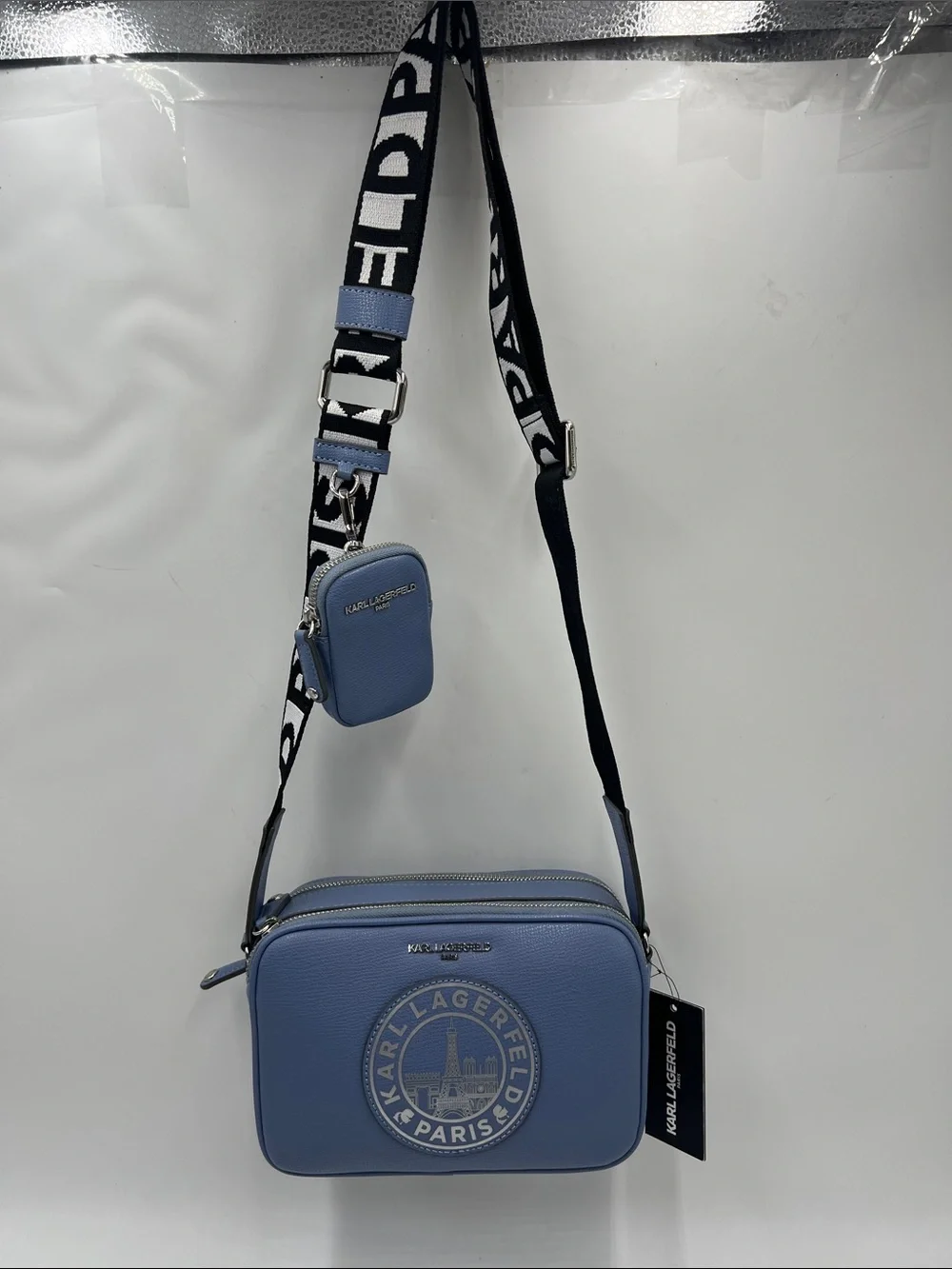 Karl Lagerfeld Perforated Logo Blue Leather Camera Bag with Branded Strap